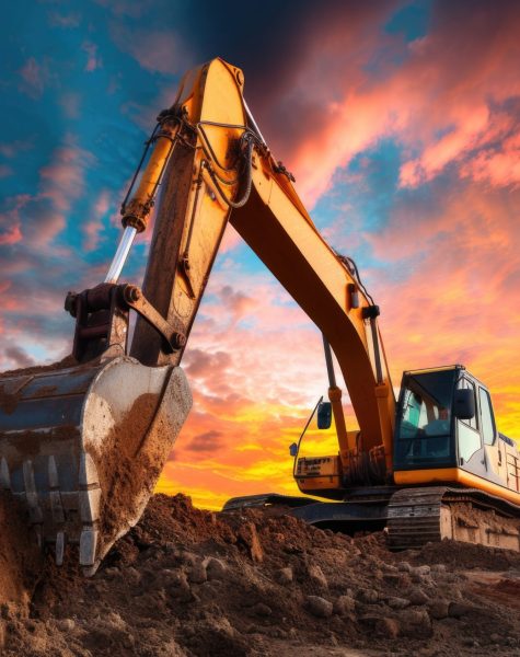 an excavator digging a hole onsite, in the style of color gradients, light indigo and dark amber, richly colored skies, meticulous attention to detail, iso 200, suspended/hanging, digitally enhanced --ar 38:25 --v 6 Job ID: 00f3f055-9de4-4b21-823b-e2db36157e24